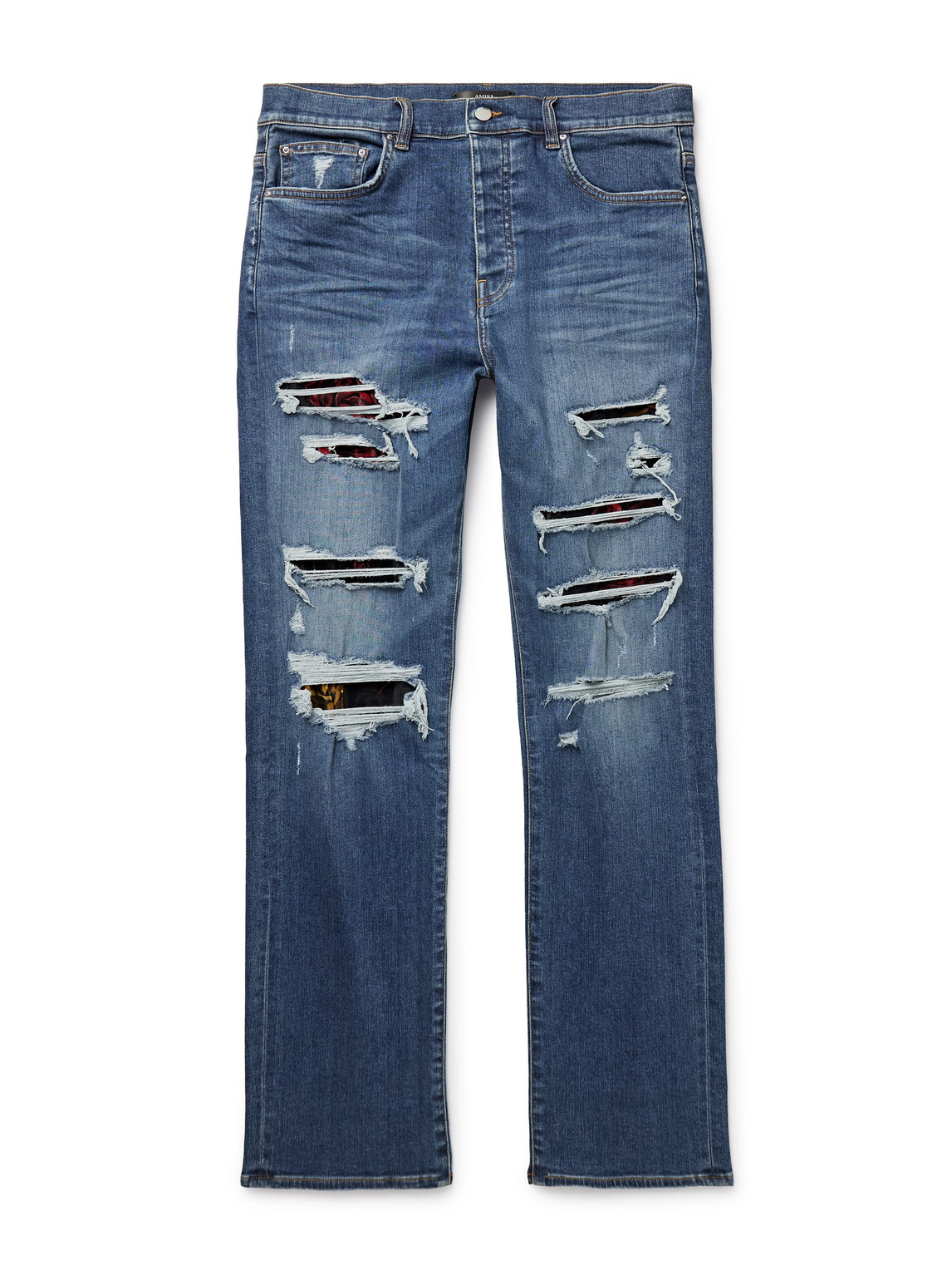 Amiri Thrasher Slim-fit Distressed Panelled Jeans In Blue