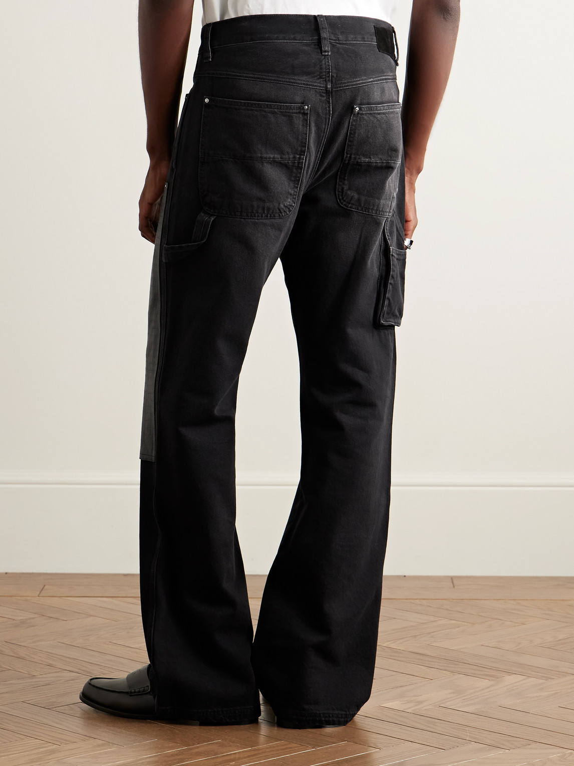 Amiri Carpenter Straight-leg Croc-effect Leather-trimmed Jeans In Black