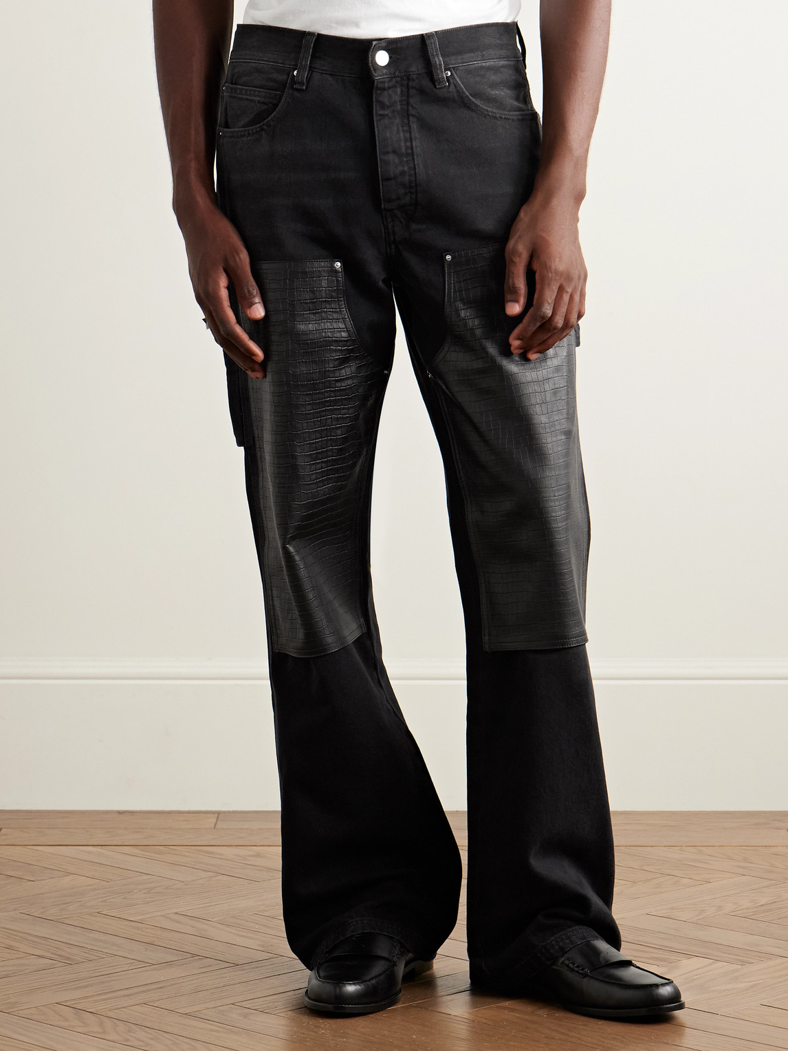 Amiri Carpenter Straight-leg Croc-effect Leather-trimmed Jeans In Black