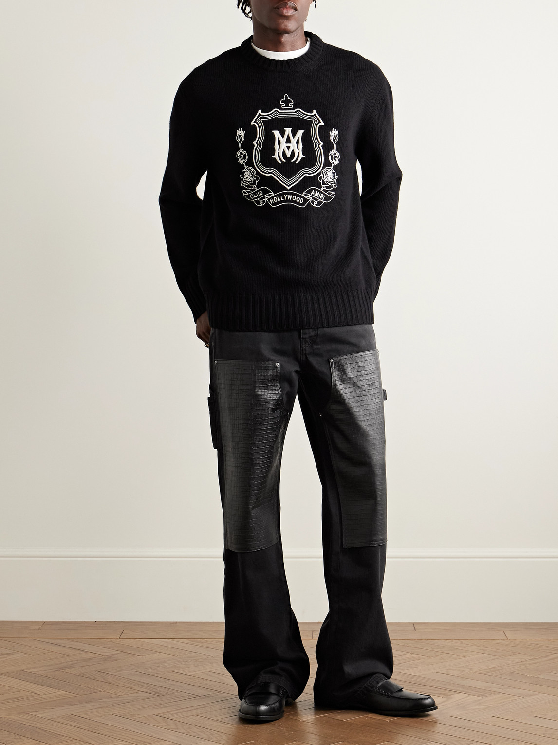 Amiri Carpenter Straight-leg Croc-effect Leather-trimmed Jeans In Black