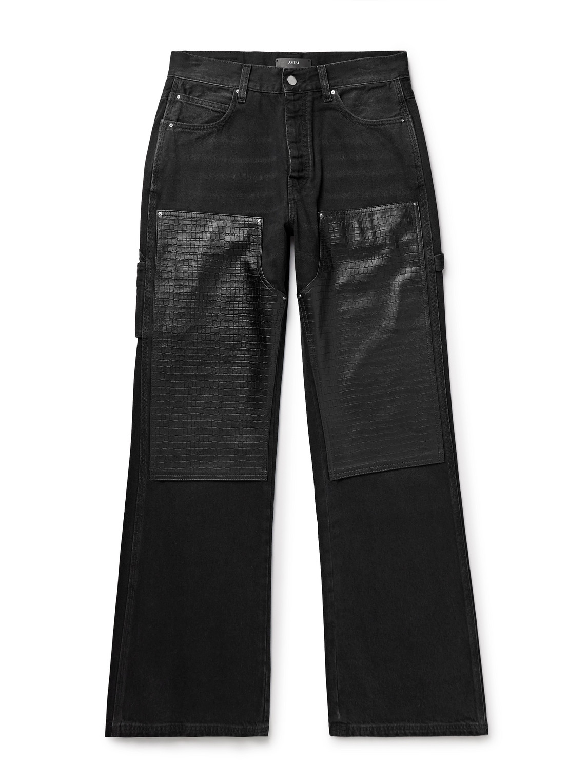 Amiri Carpenter Straight-leg Croc-effect Leather-trimmed Jeans In Black