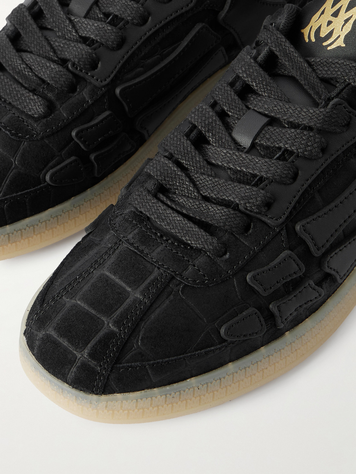 Amiri Pacific Bones Leather-trimmed Croc-effect Suede Sneakers In Black