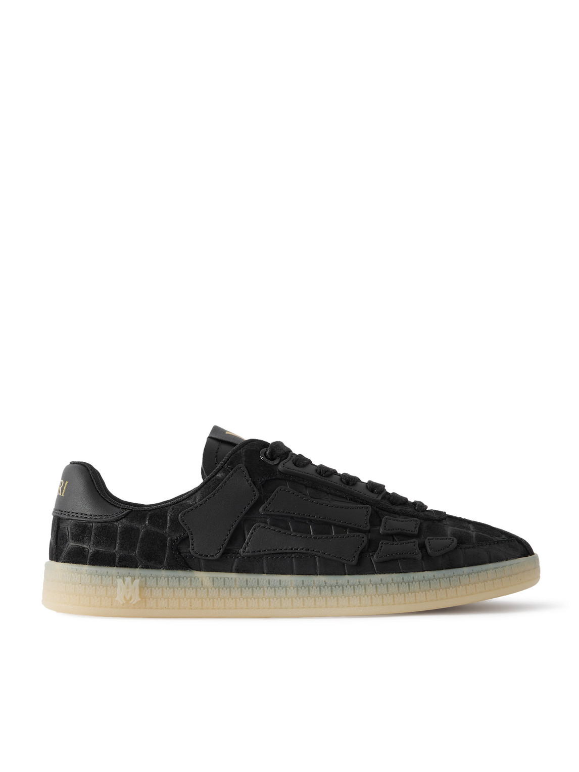 Amiri Pacific Bones Leather-trimmed Croc-effect Suede Sneakers In Black