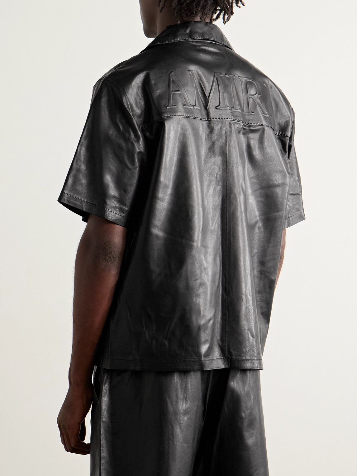 Amiri Short Sleeve Leather Jacket With Chest Pocket In Black