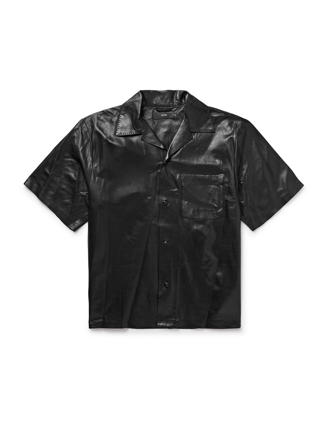 Amiri Camp-collar Logo-embossed Leather Shirt In Black
