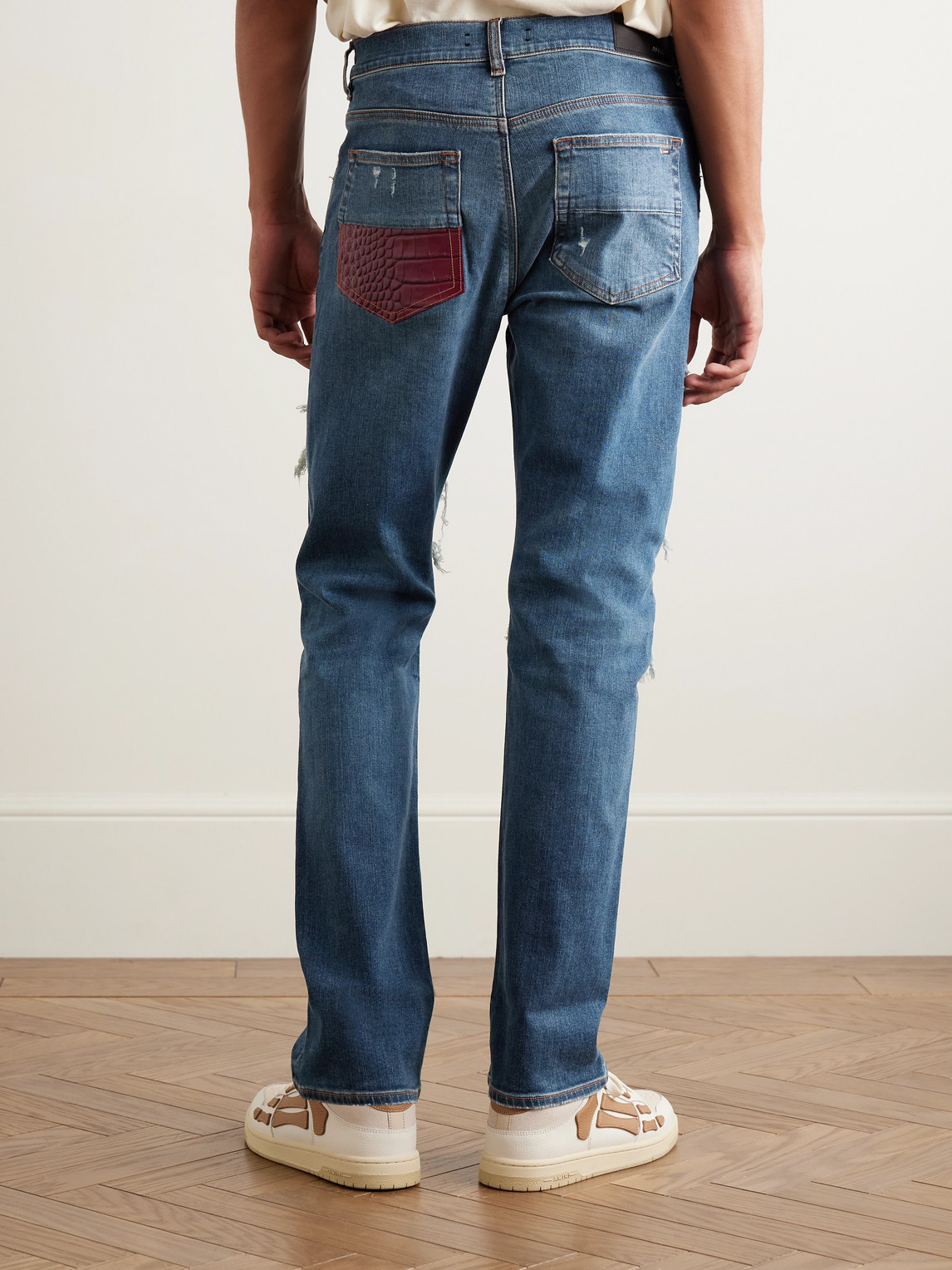 Amiri Thrasher Slim-fit Distressed Croc-effect Leather-trimmed Panelled Jeans In Blue