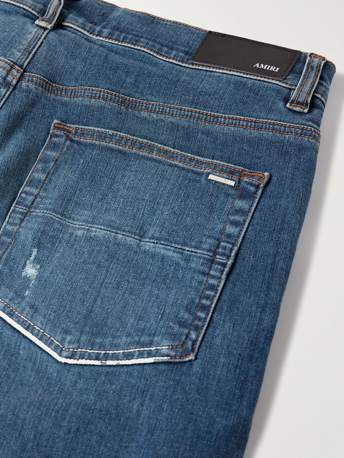 Amiri Thrasher Slim-fit Distressed Croc-effect Leather-trimmed Panelled Jeans In Blue