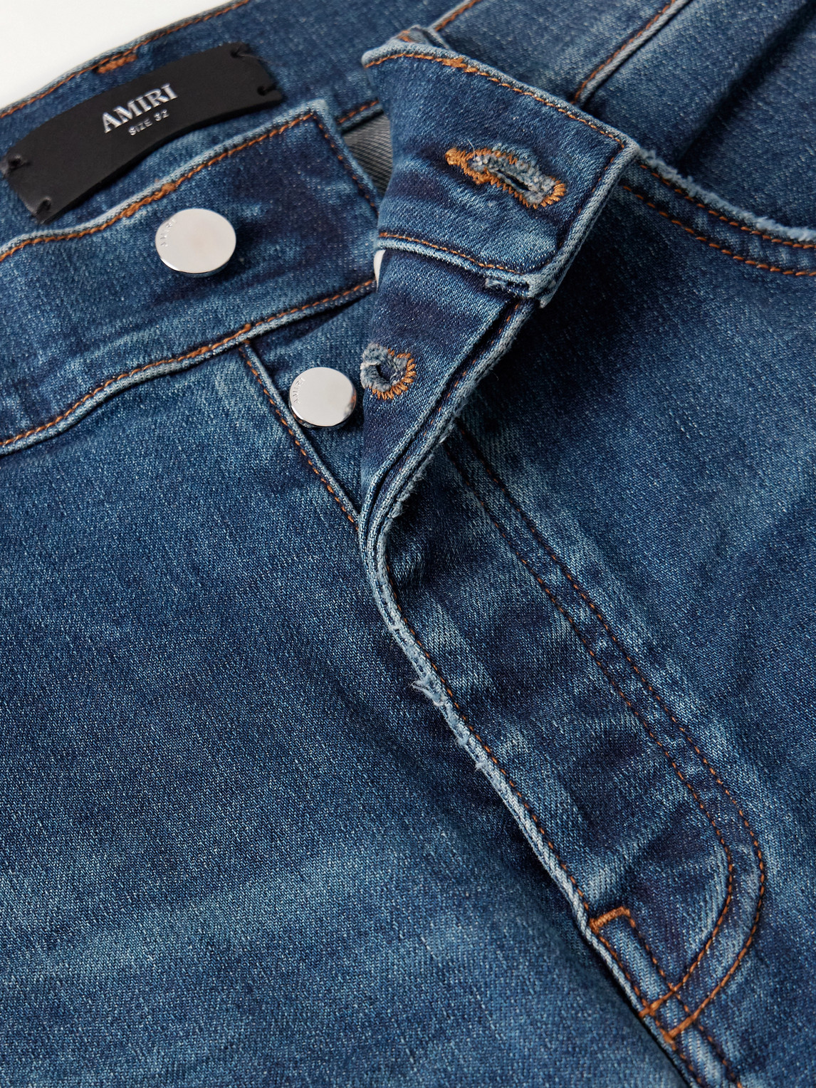 Amiri Thrasher Slim-fit Distressed Croc-effect Leather-trimmed Panelled Jeans In Blue