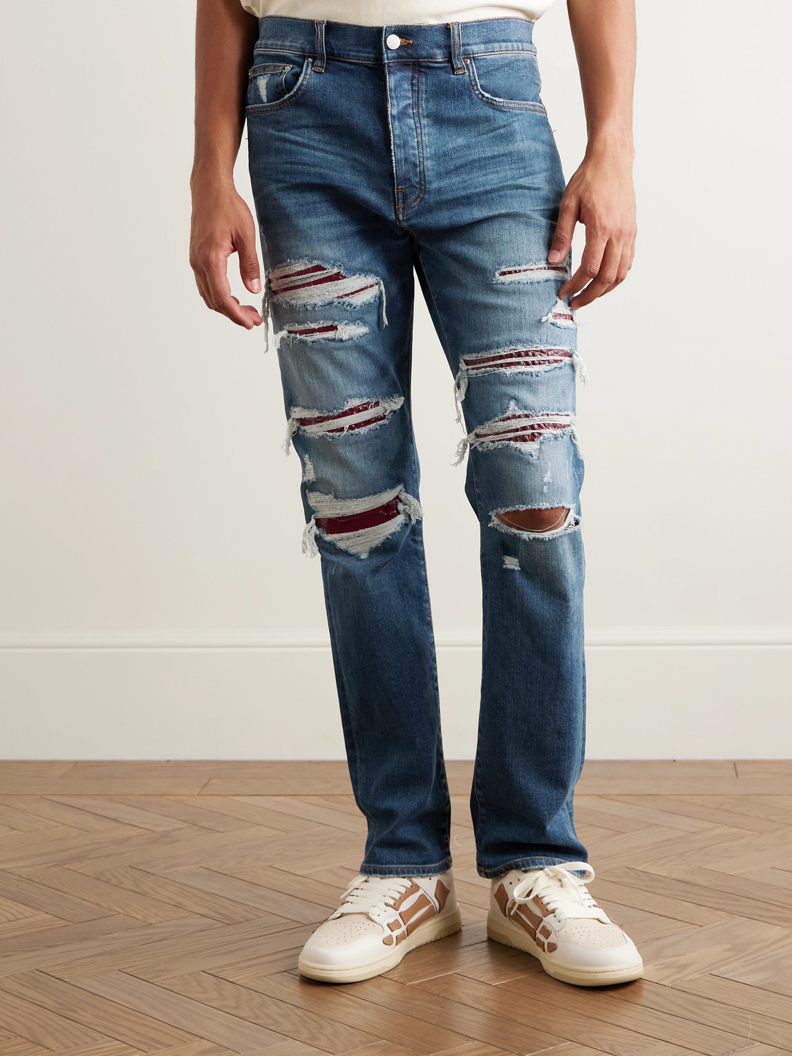 Amiri Thrasher Slim-fit Distressed Croc-effect Leather-trimmed Panelled Jeans In Blue