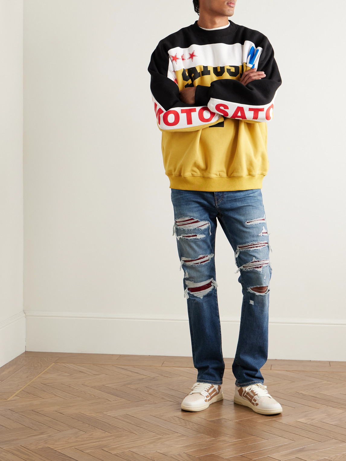 Amiri Thrasher Slim-fit Distressed Croc-effect Leather-trimmed Panelled Jeans In Blue