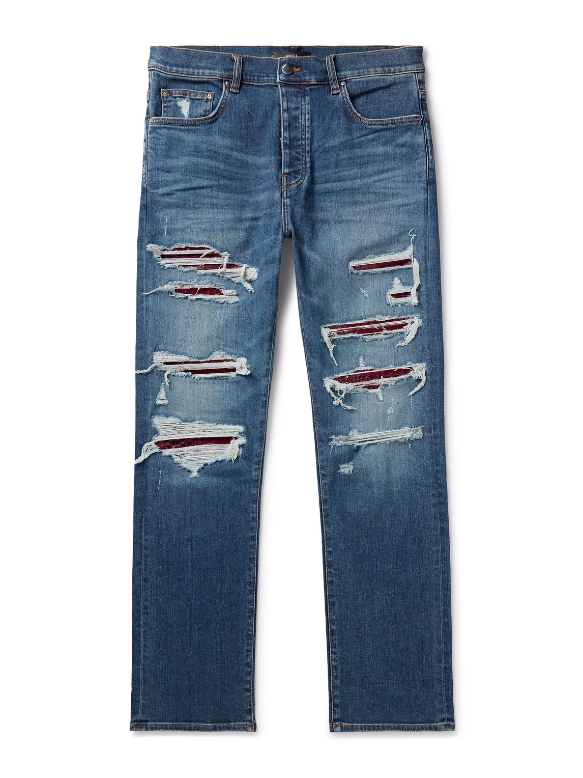 Amiri Thrasher Slim-fit Distressed Croc-effect Leather-trimmed Panelled Jeans In Blue