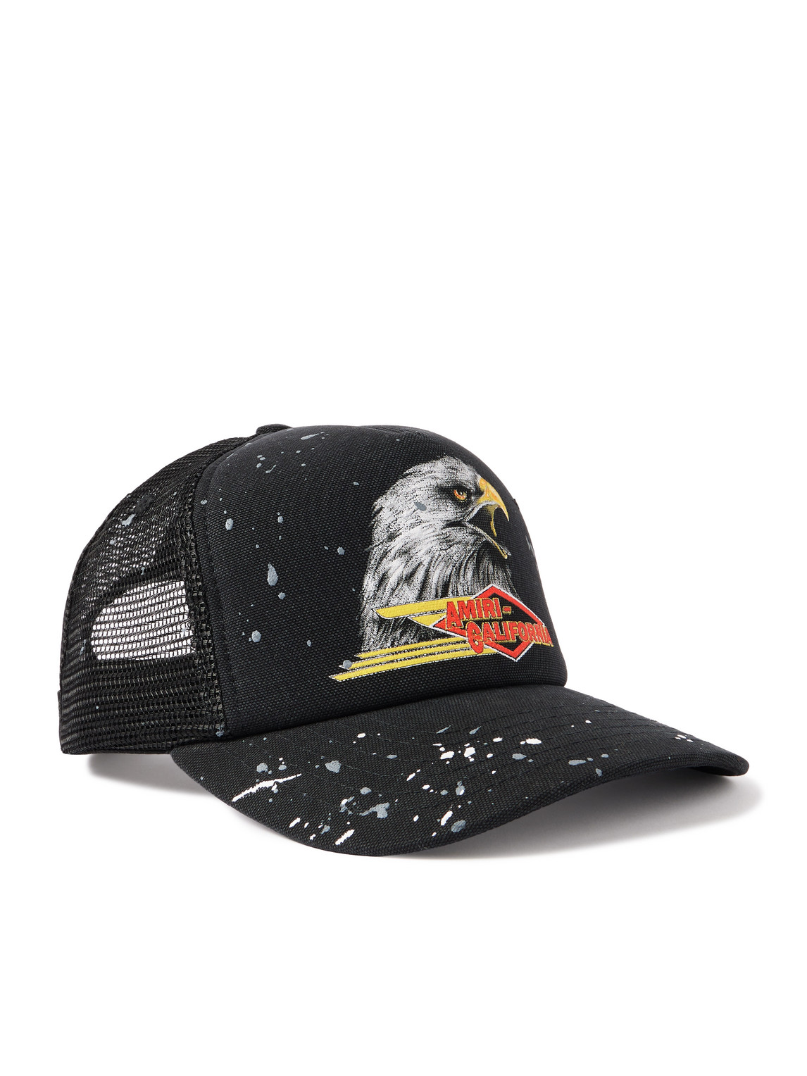 Amiri Paint-splattered Printed Padded Cotton-canvas And Mesh Trucker Cap In Black