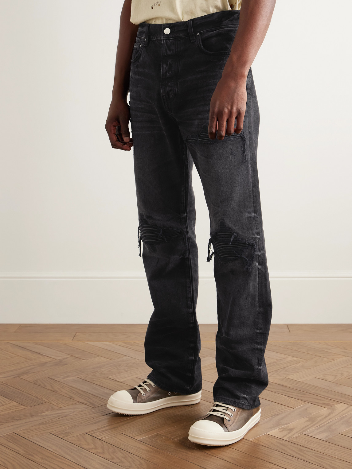 Amiri Mx1 Straight-leg Leather-panelled Distressed Jeans