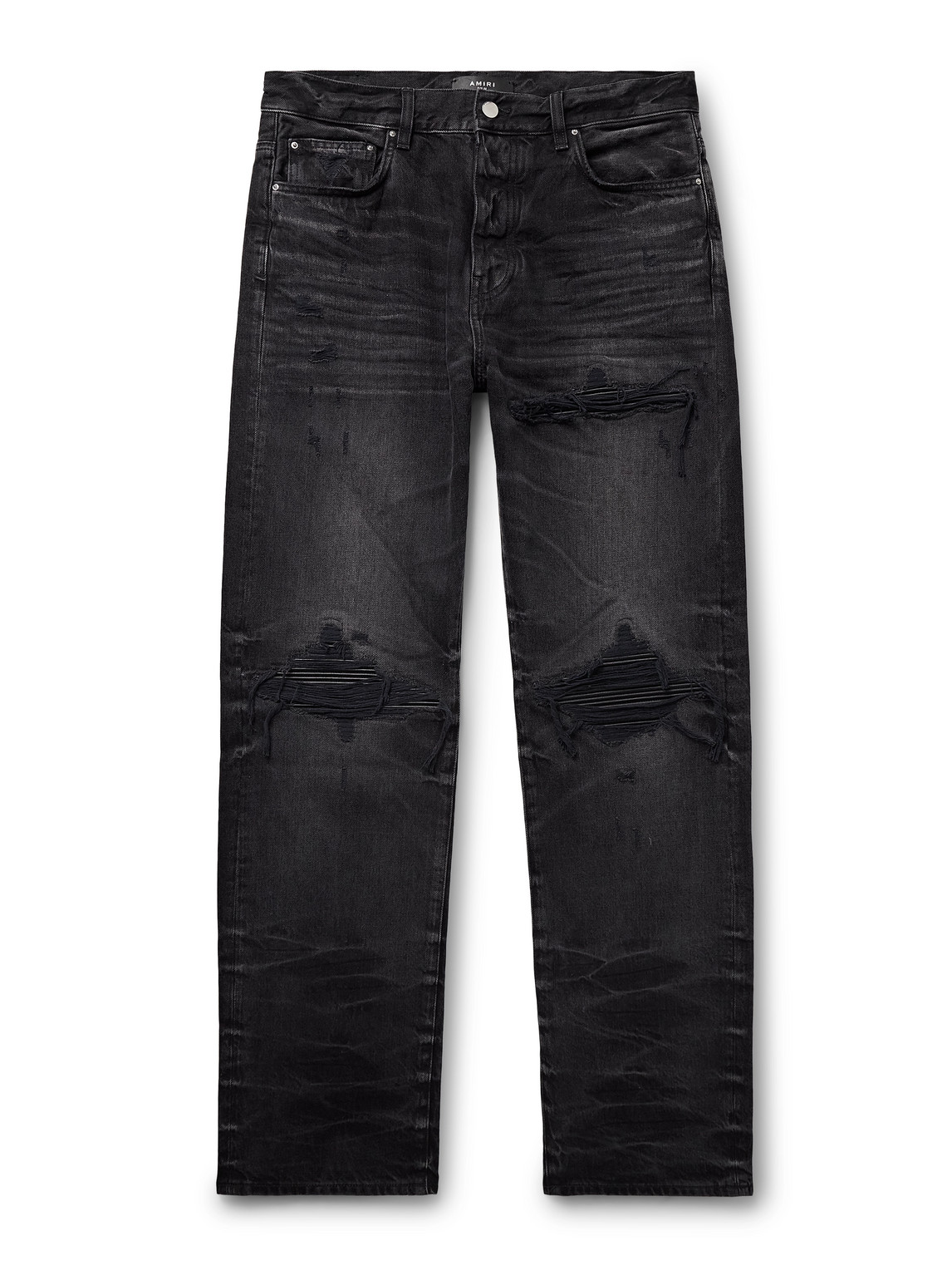 Amiri Mx1 Straight-leg Leather-panelled Distressed Jeans In Black