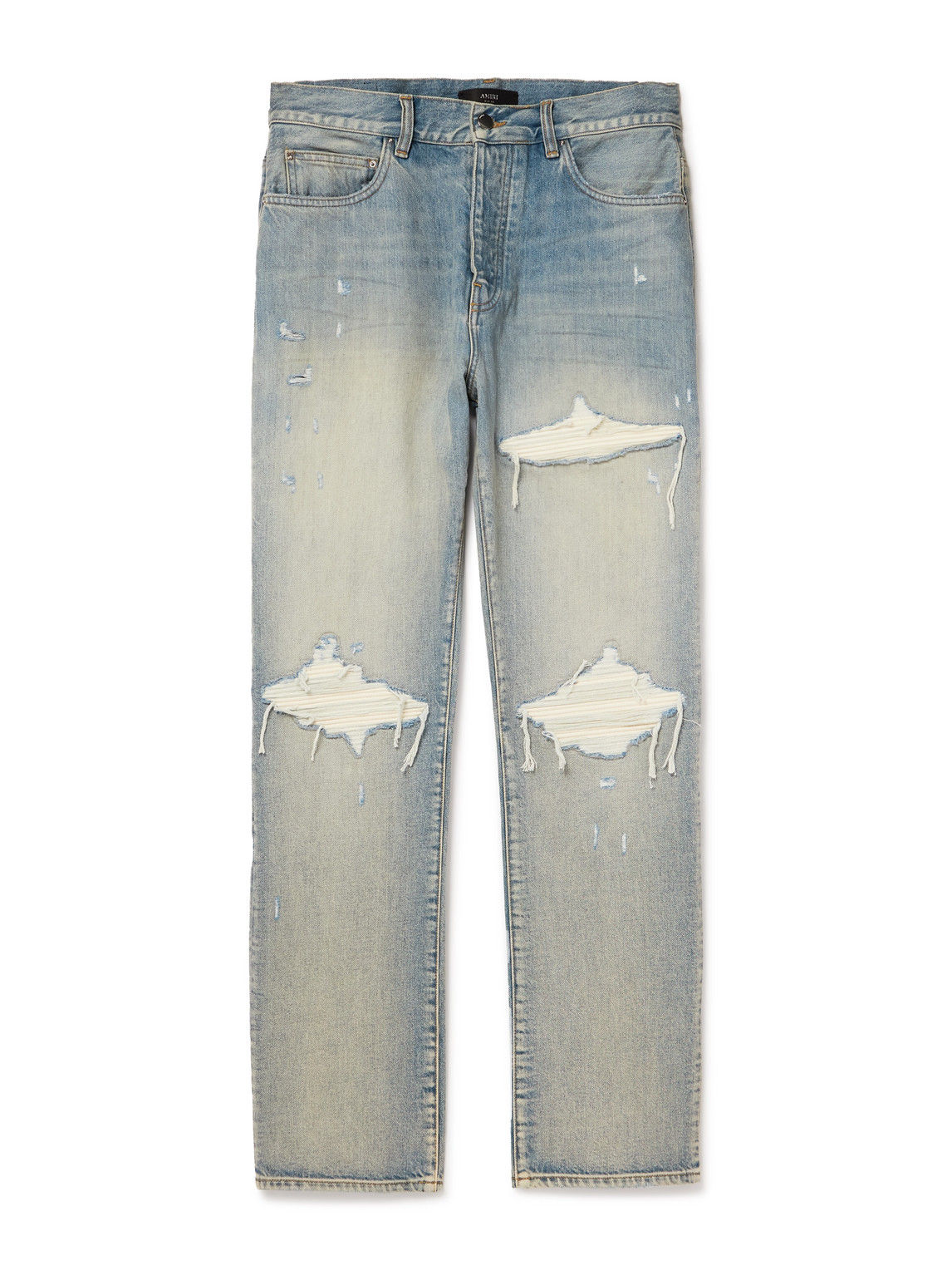 Amiri Mx1 Skinny-fit Panelled Distressed Jeans In Gray