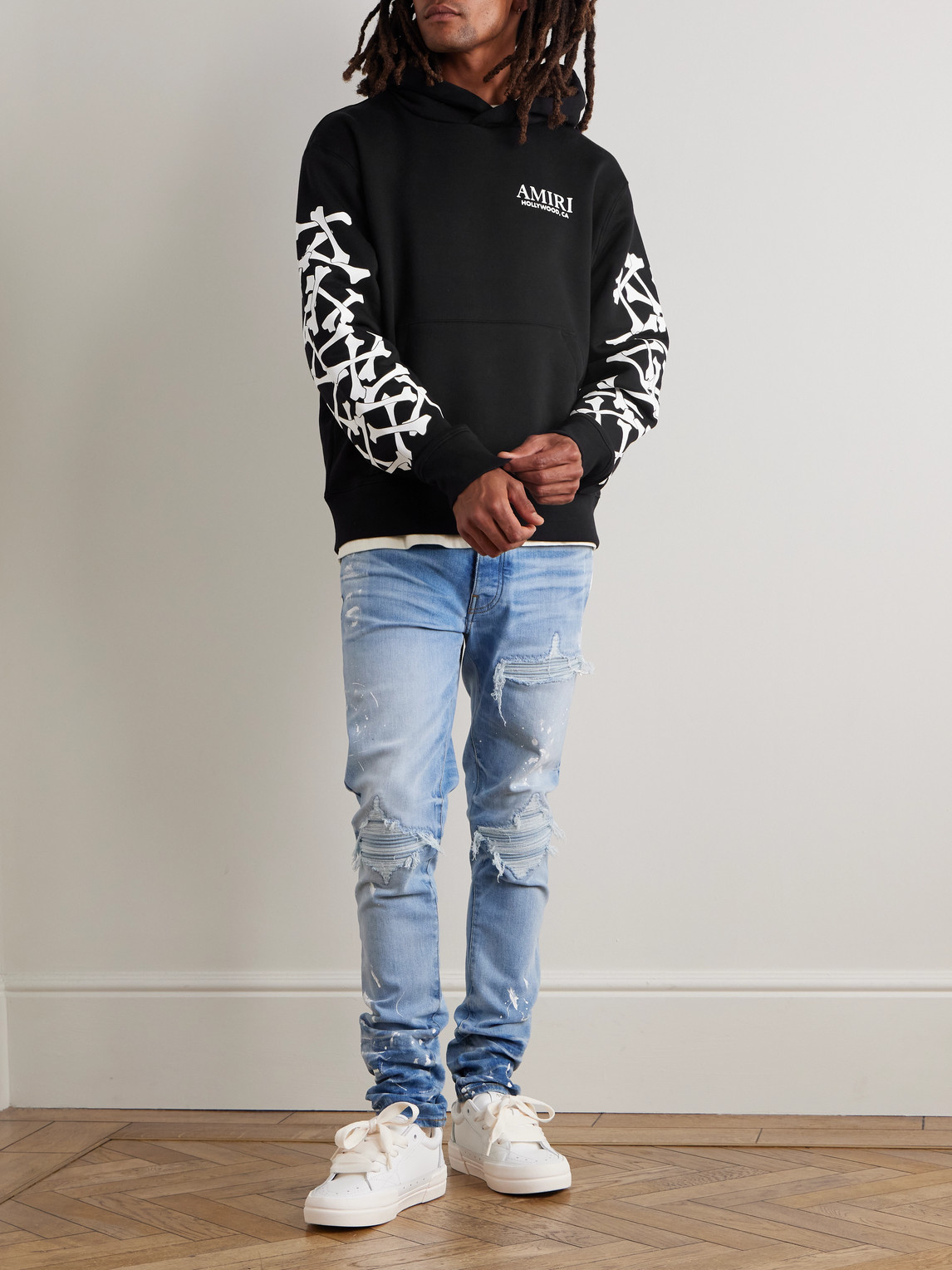 Amiri Bones Stacked Logo-appliquéd Printed Cotton-jersey Hoodie In Black