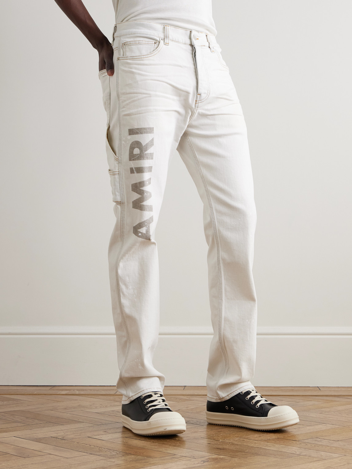 Amiri Blue Army Logo Painted Slim Workman Jeans In White