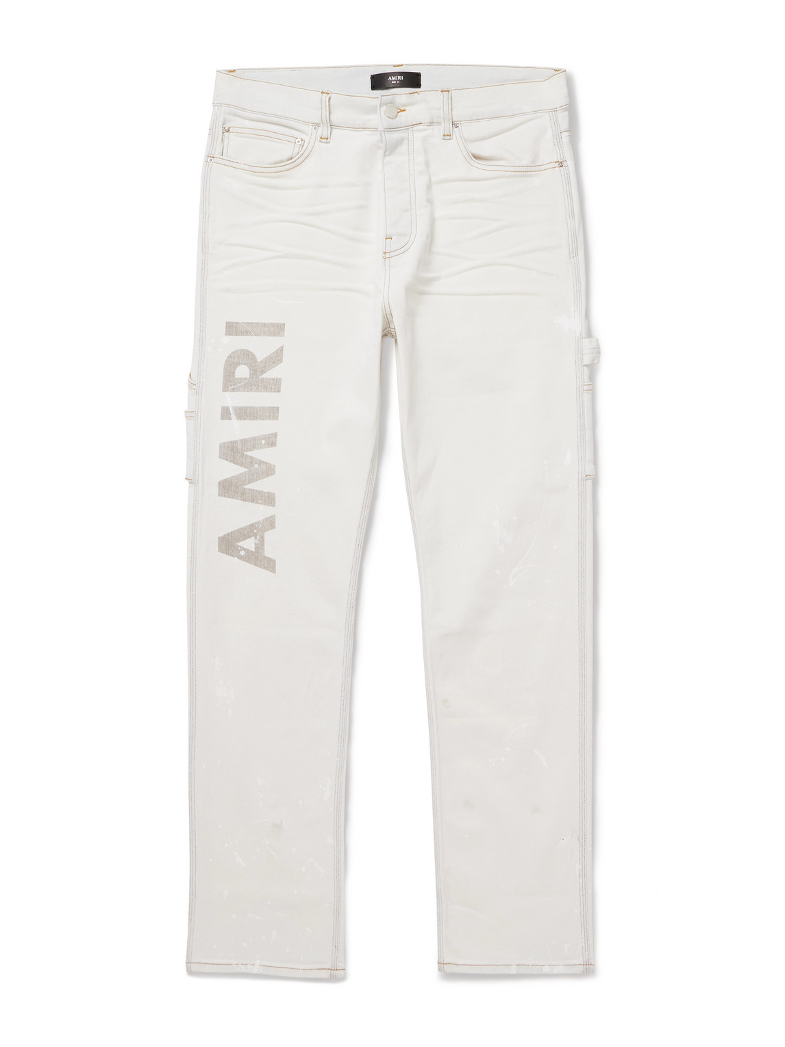 Amiri Slim-fit Straight-leg Logo-print Paint-splattered Jeans In Blue