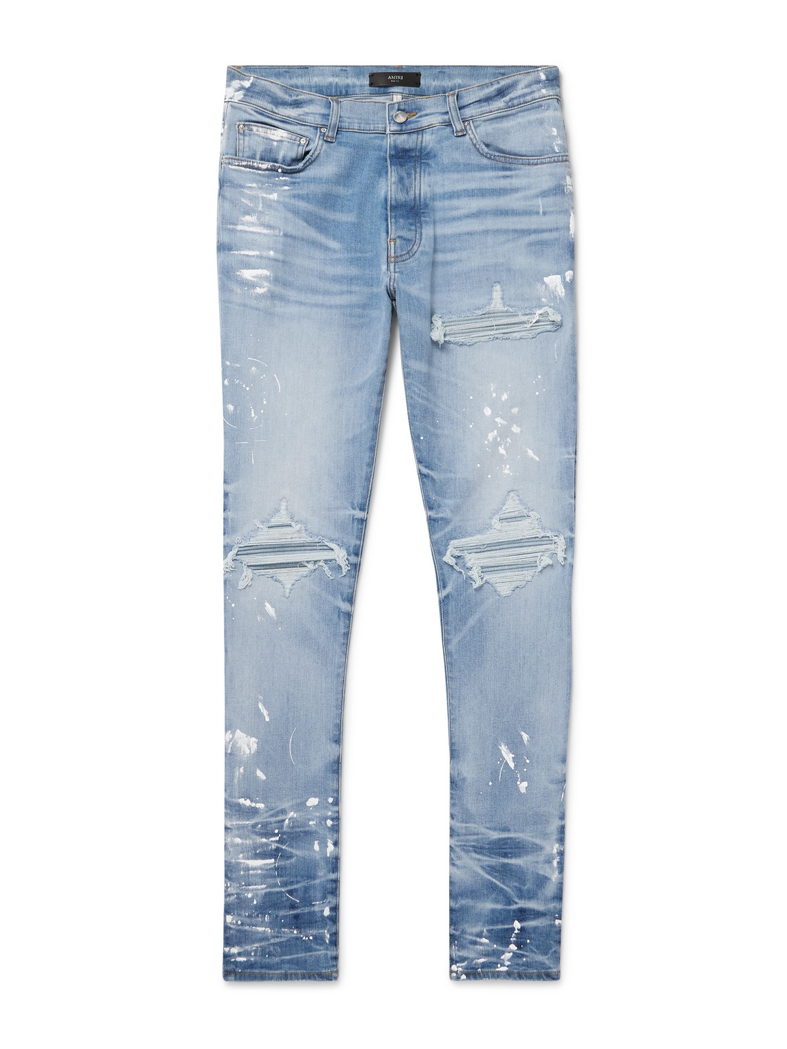 Amiri Mx1 Slim-fit Straight-leg Panelled Distressed Paint-splattered Jeans In Blue