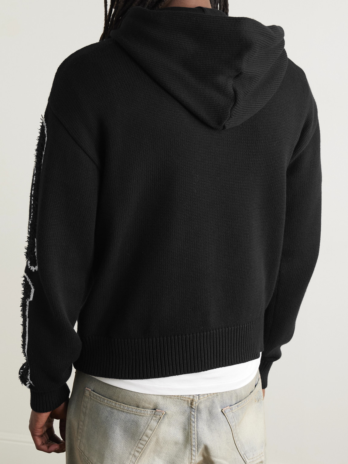 Amiri Bones Logo-embroidered Intarsia-knit Cotton-blend Hoodie In Black