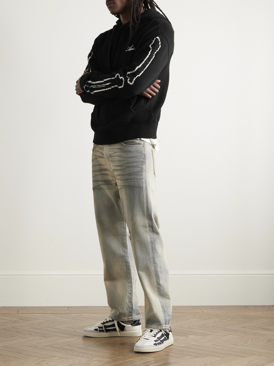 Amiri Bones Logo-embroidered Intarsia-knit Cotton-blend Hoodie In Black