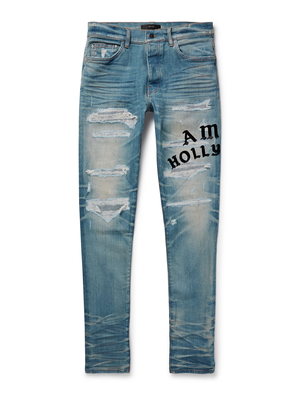 Amiri Hollywood Skinny-fit Logo-flocked Distressed Jeans In Blue