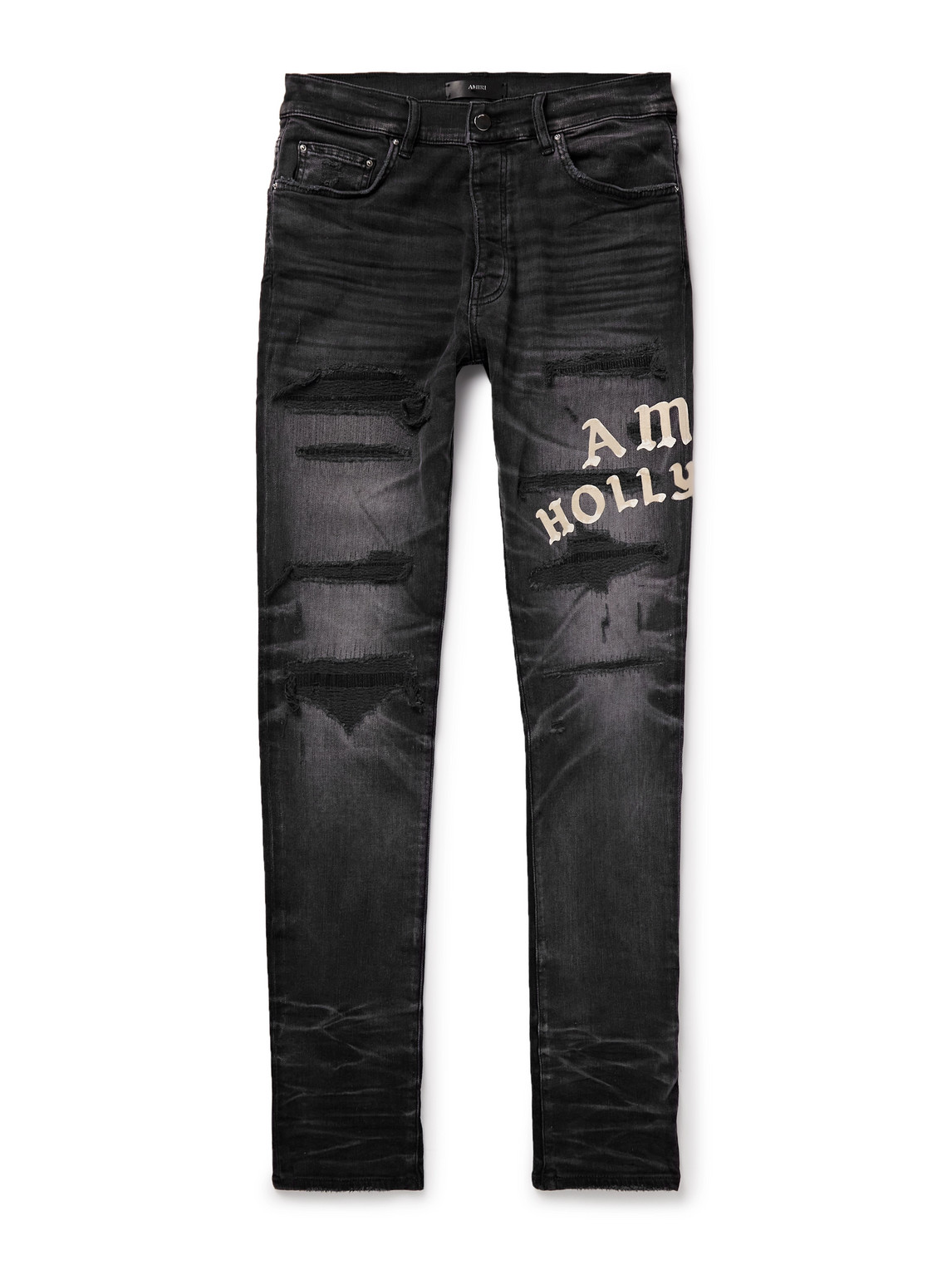Amiri Hollywood Skinny-fit Logo-flocked Distressed Jeans In Black