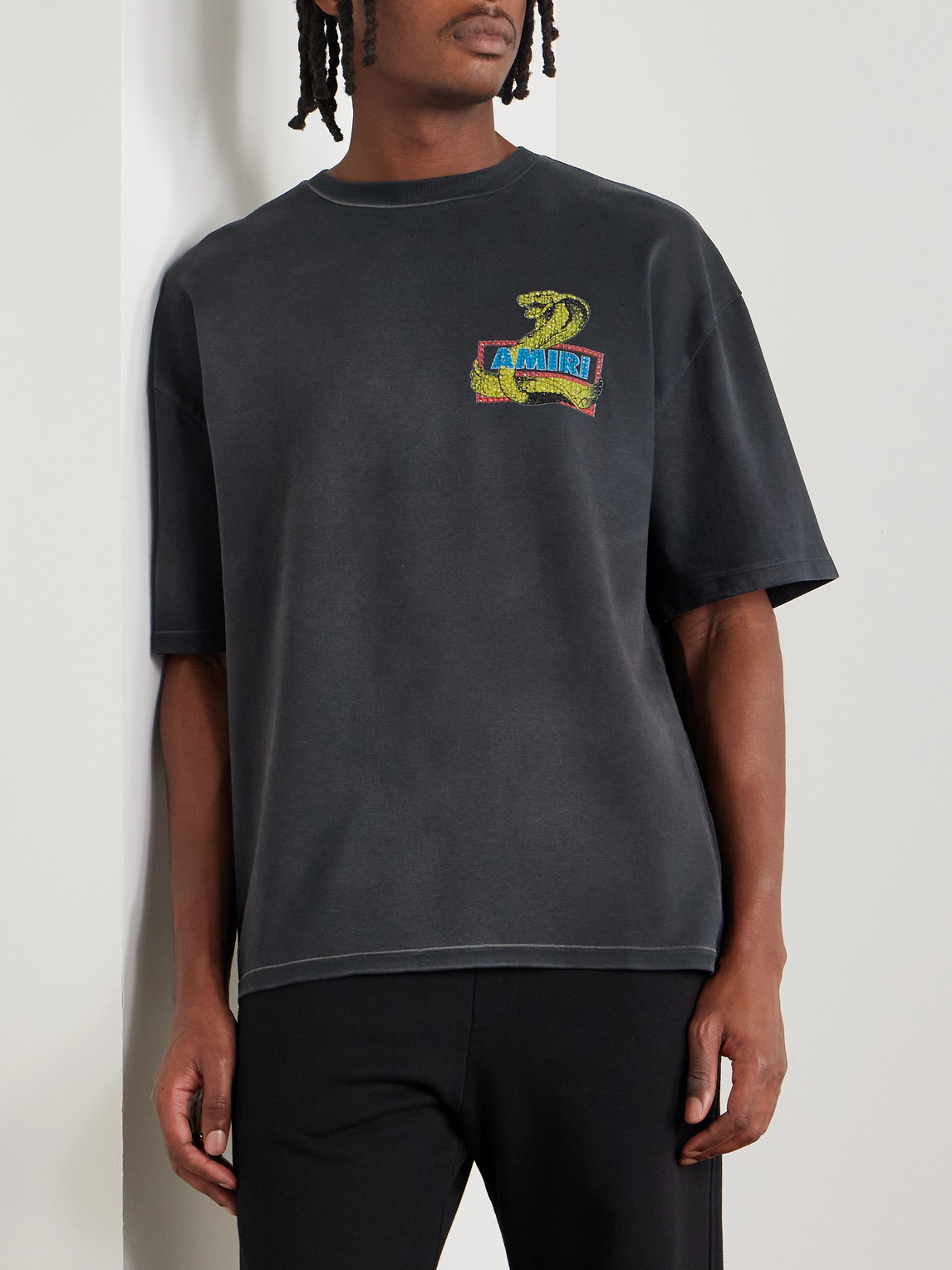 Amiri Crystal Cobra Embellished Printed Cotton-blend Jersey T-shirt In Black