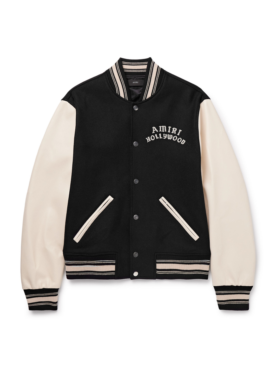 Hollywood Logo-Embroidered Leather and Wool-Blend Flannel Varsity Jacket