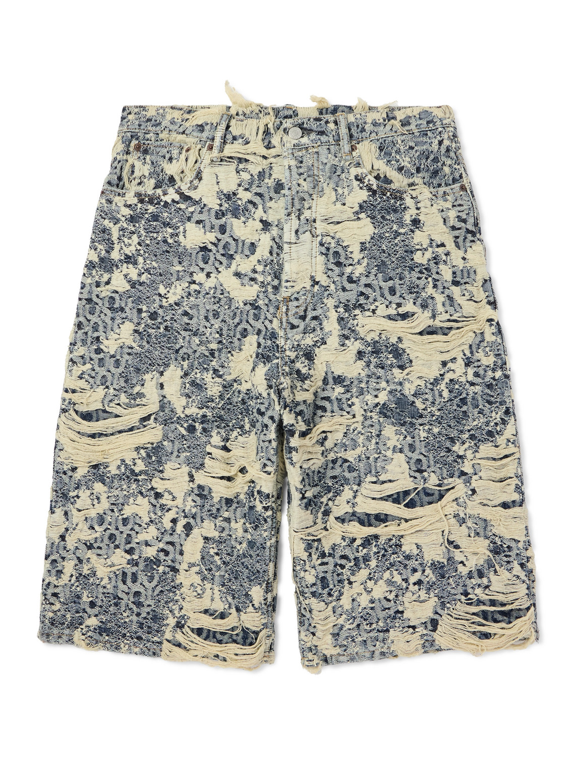 Straight-Leg Logo-Jacquard Distressed Denim Shorts