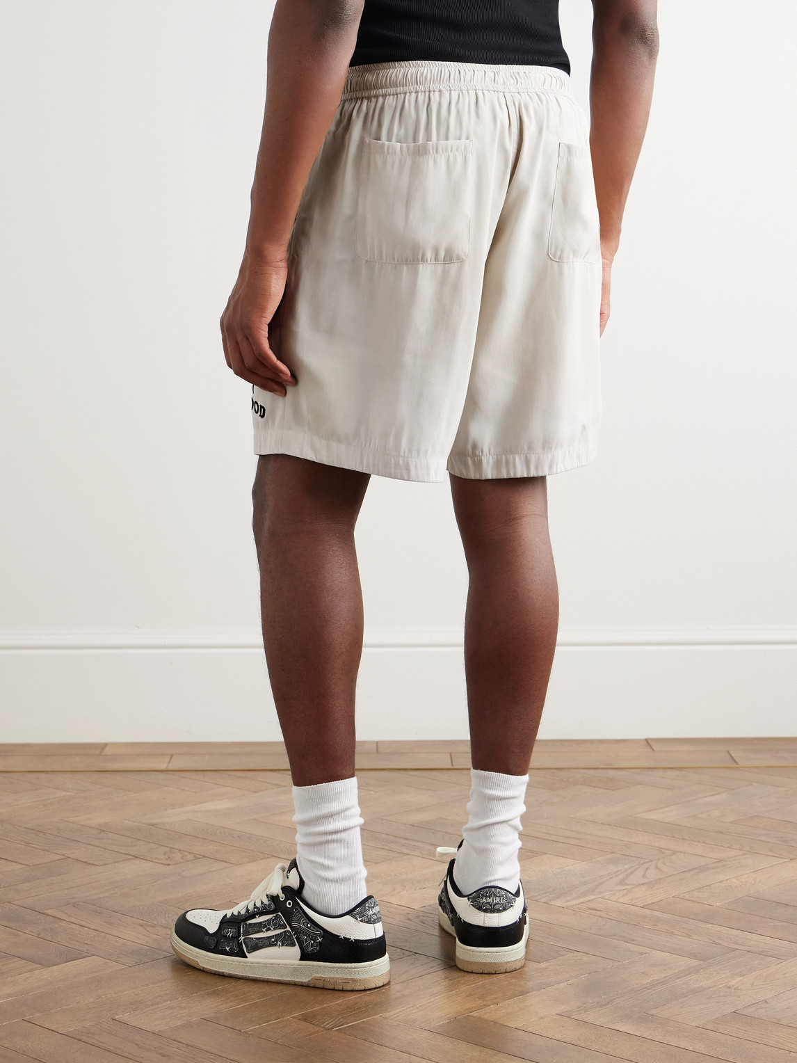 Amiri Hollywood Straight-leg Logo-flocked Modal-blend Drawstring Shorts In Neutral