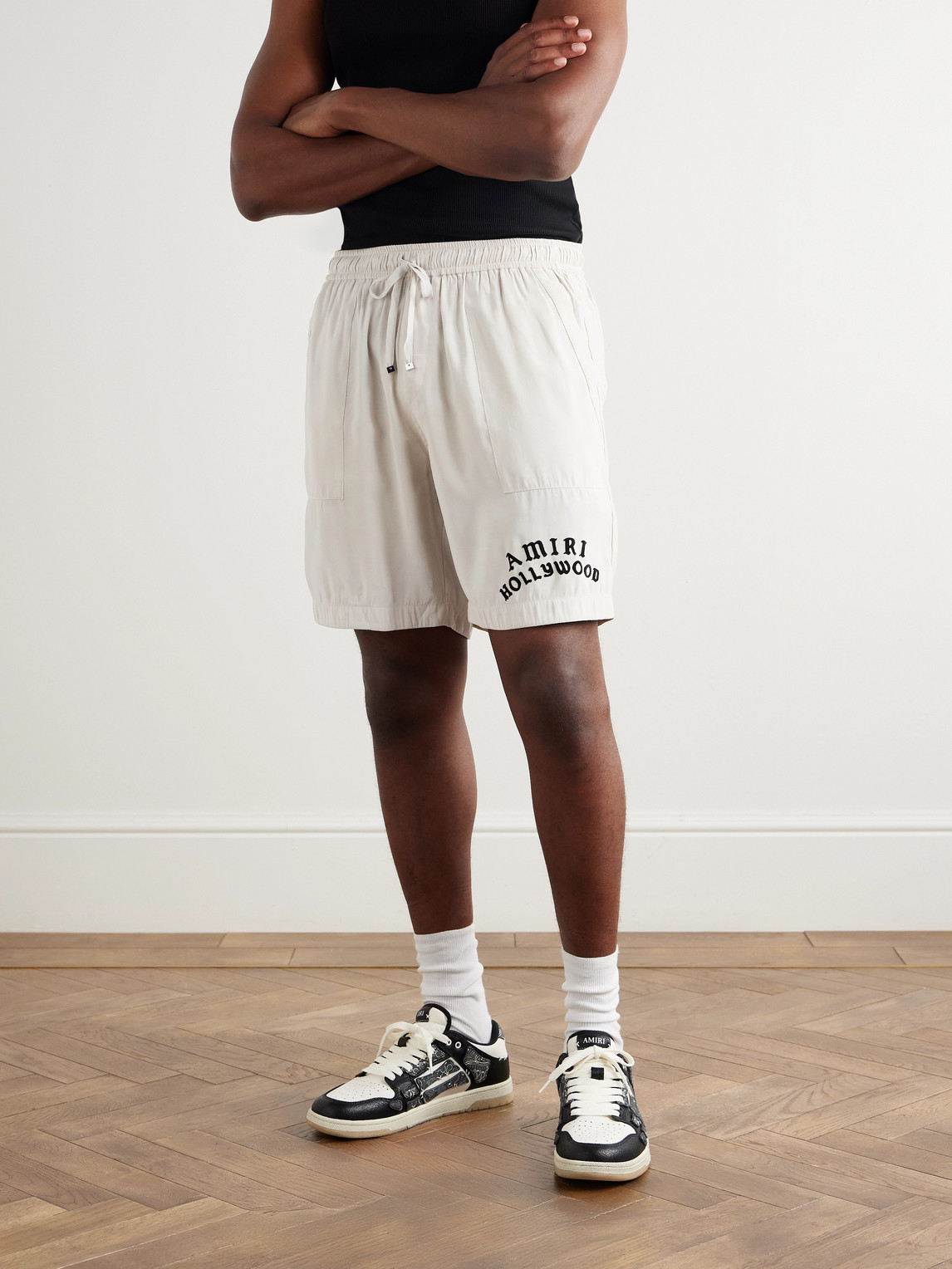 Amiri Hollywood Straight-leg Logo-flocked Modal-blend Drawstring Shorts In Neutral