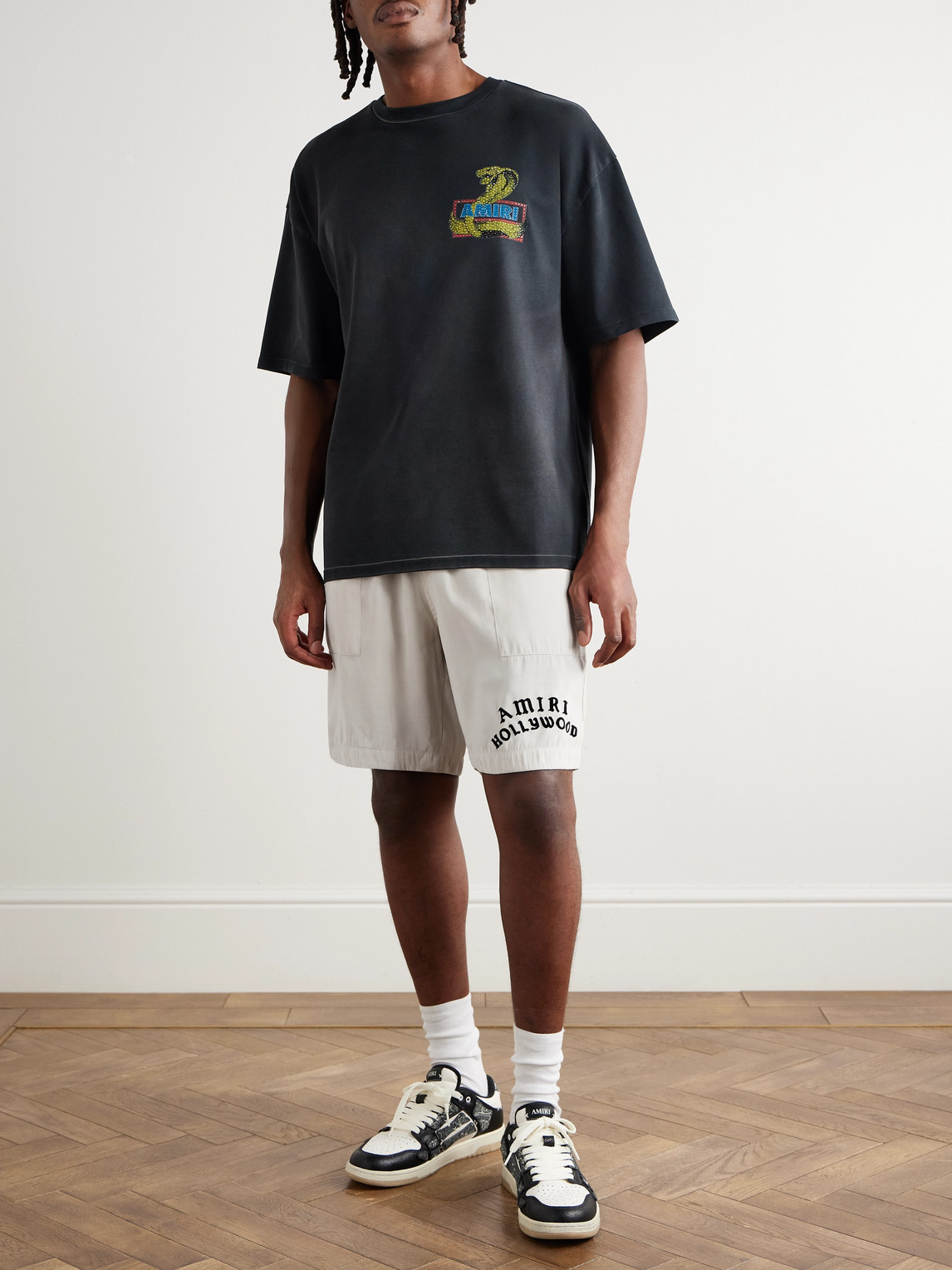 Amiri Hollywood Straight-leg Logo-flocked Modal-blend Drawstring Shorts In Neutral