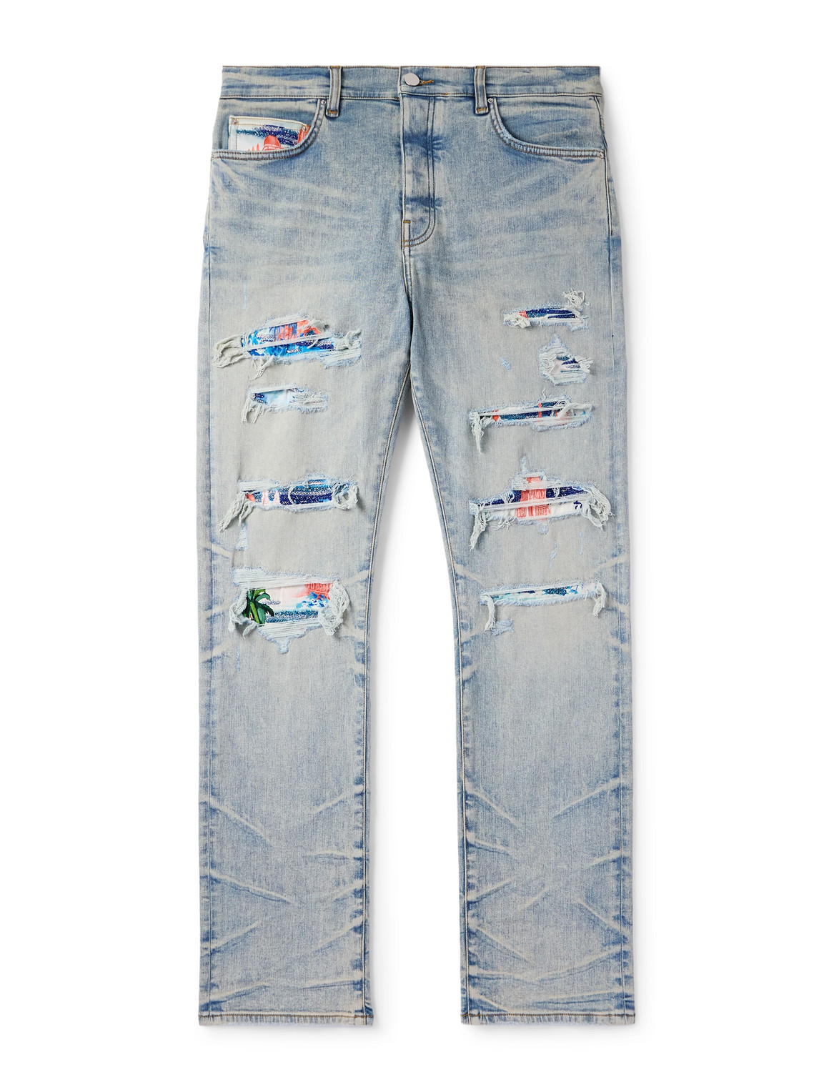 Amiri Aloha Thrasher Skinny-fit Distressed Embellished Panelled Jeans