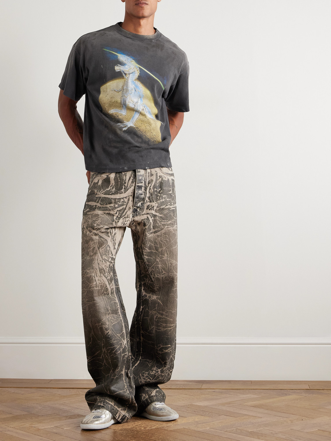 Saint Mxxxxxx Sorayama T-rex Printed Distressed Cotton-jersey T-shirt In Multi