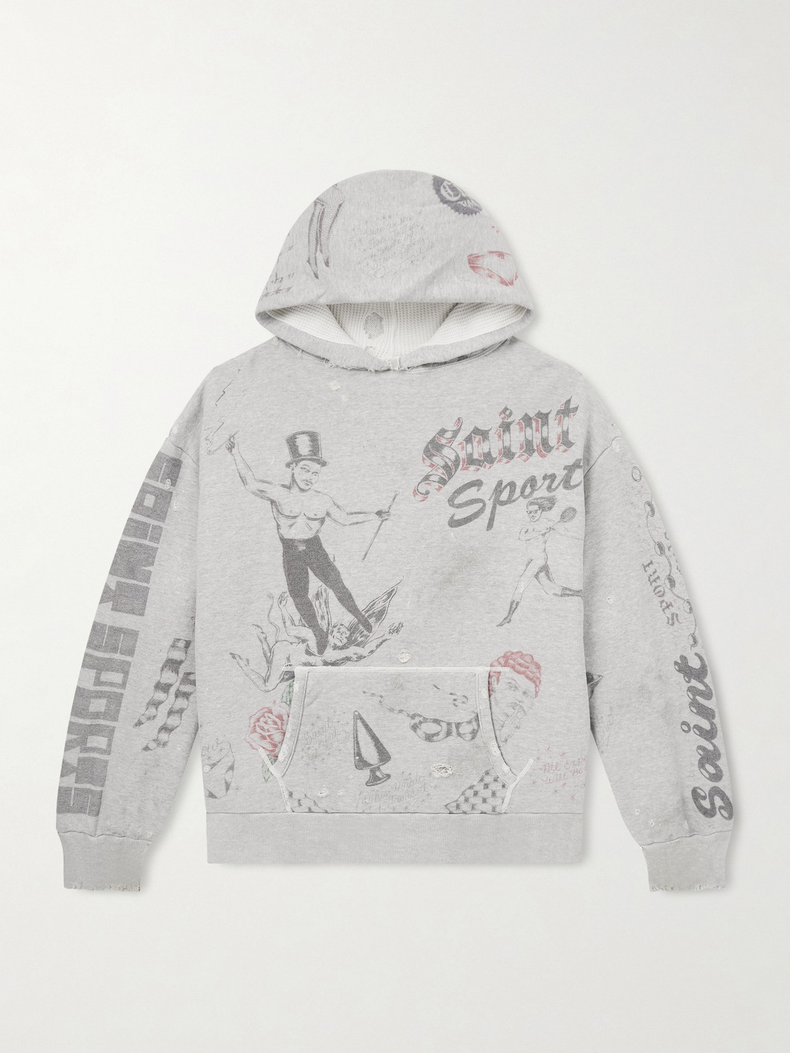 SAINT Mxxxxxx Printed Distressed Cotton-Jersey Hoodieen