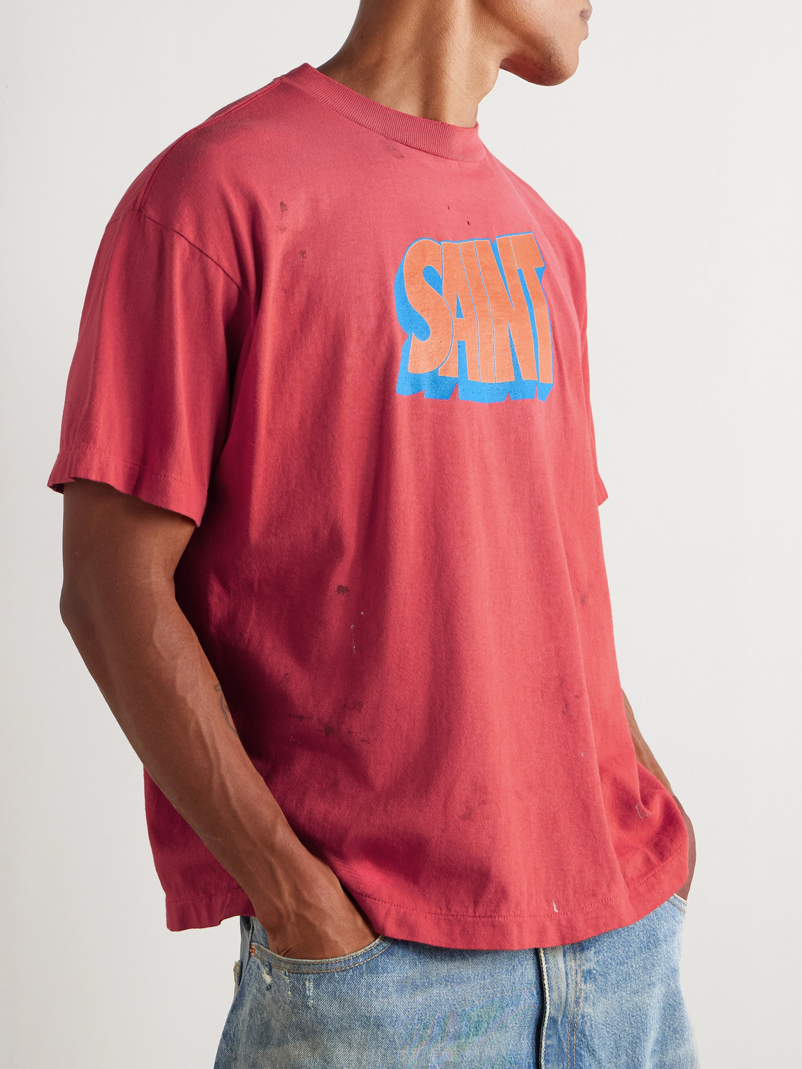 Saint Mxxxxxx Logo-print Distressed Cotton-jersey T-shirt In Red