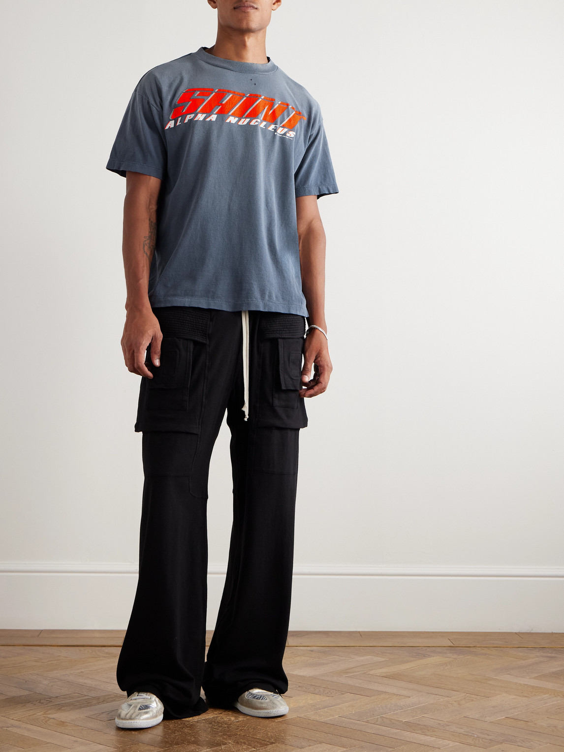 Saint Mxxxxxx Saint Alpha Logo-print Distressed Cotton-jersey T-shirt In Blue