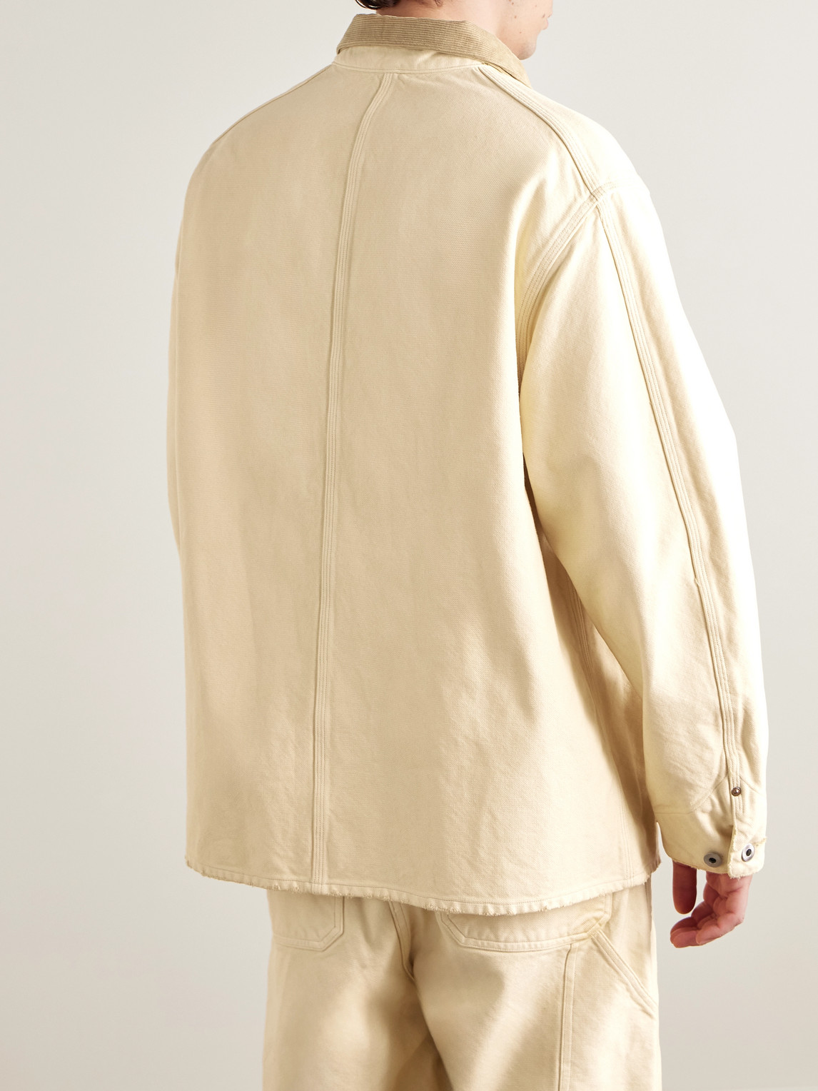 A.presse Vintage Corduroy-trimmed Distressed Cotton-blend Canvas Coverall Jacket In Neutral
