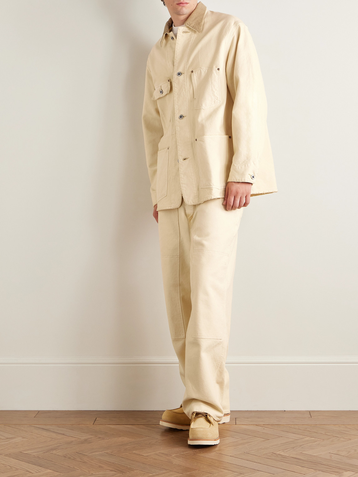 A.presse Vintage Corduroy-trimmed Distressed Cotton-blend Canvas Coverall Jacket In Neutral