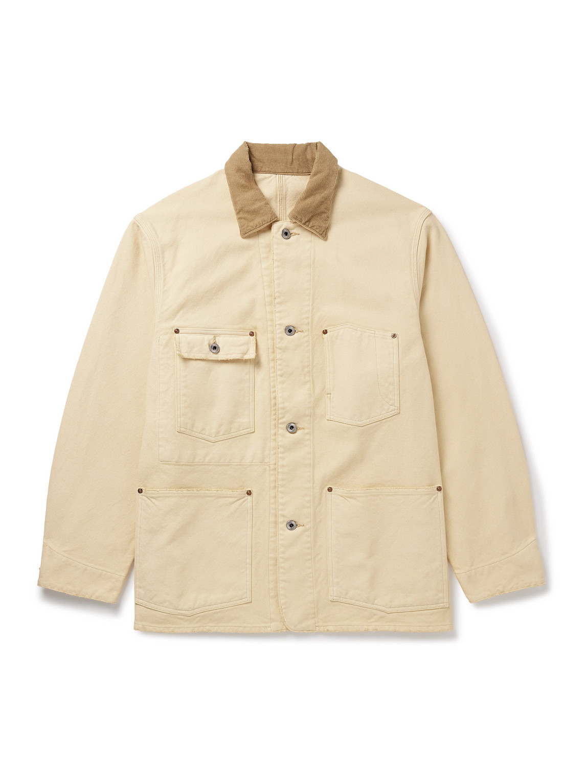 A.presse Vintage Corduroy-trimmed Distressed Cotton-blend Canvas Coverall Jacket In Neutral