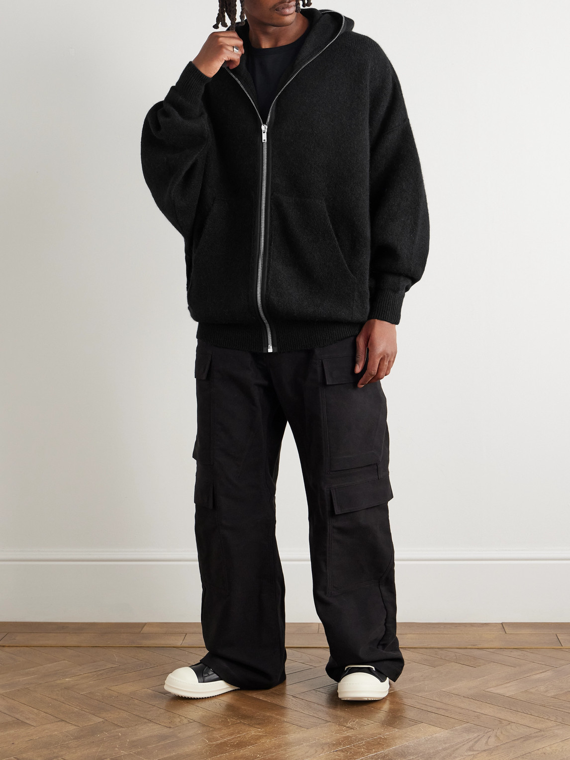 Rick Owens Oversized Knitted Zip-up Hoodie In Black