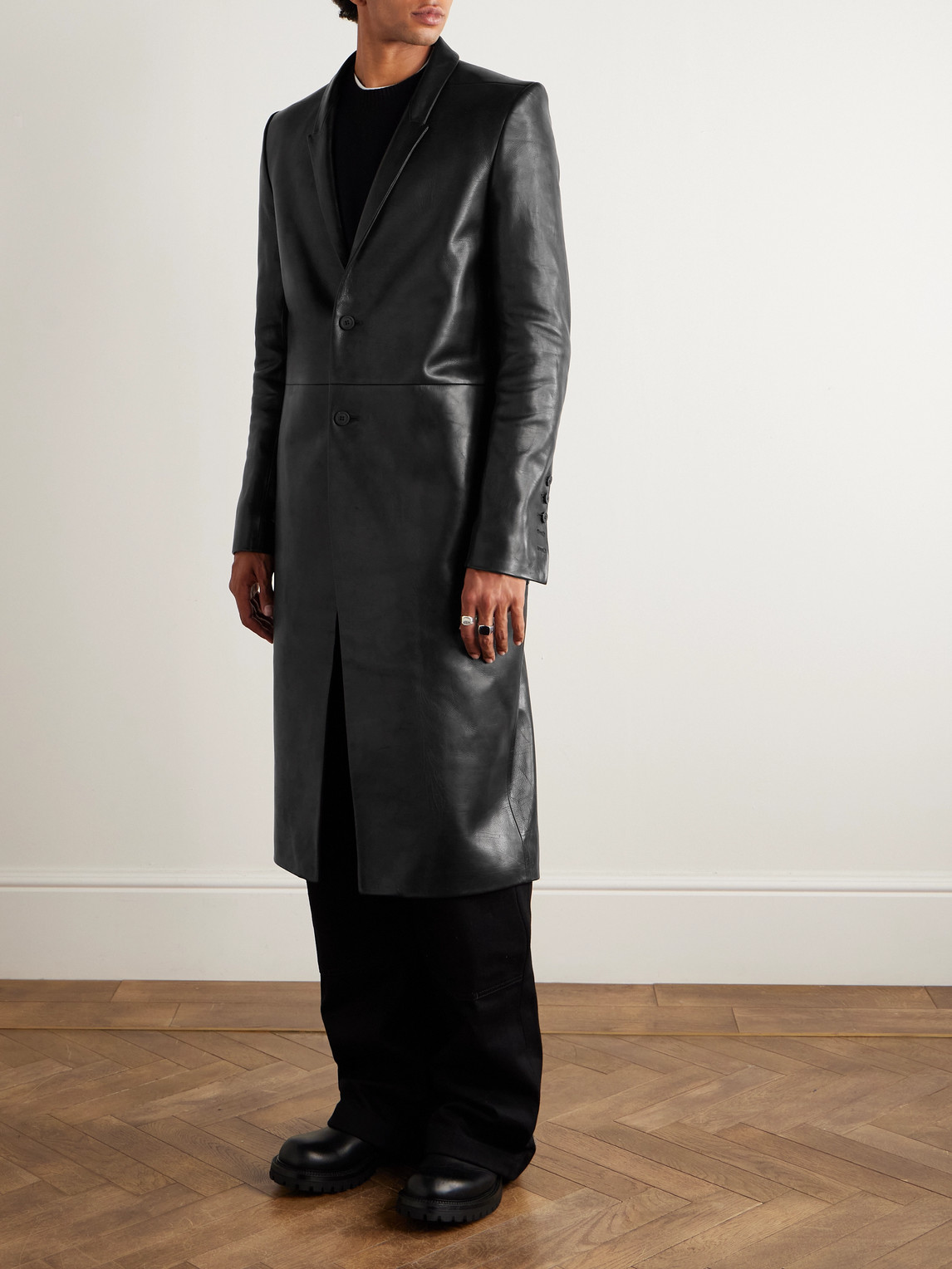 Rick Owens Concordian Slim-fit Leather Coat In Black