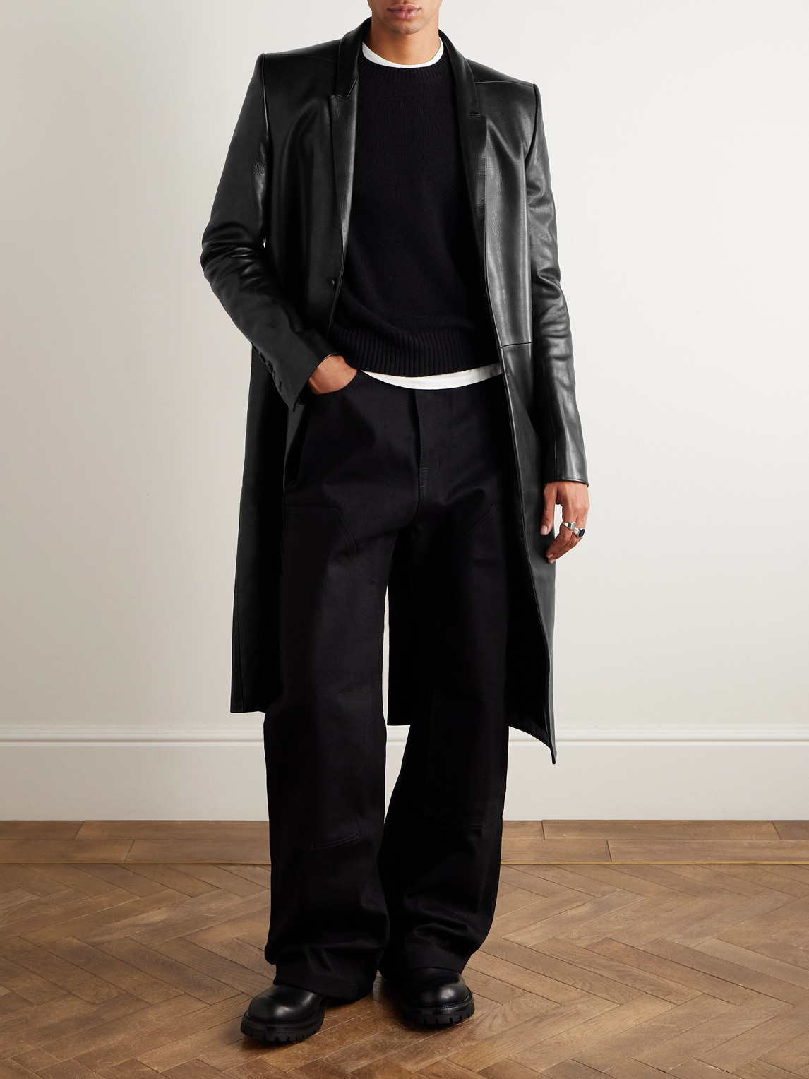 Rick Owens Concordian Slim-fit Leather Coat In Black