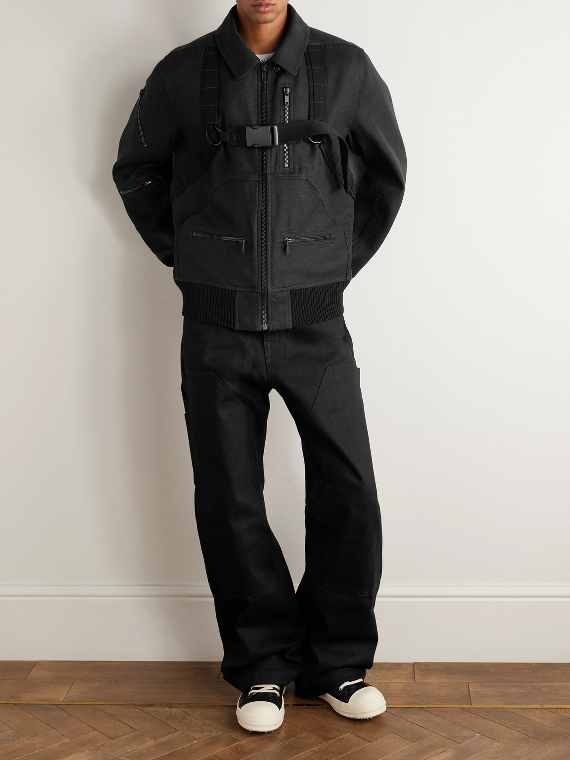 Rick Owens Belted Linen And Wool-blend Bomber Jacket In Black