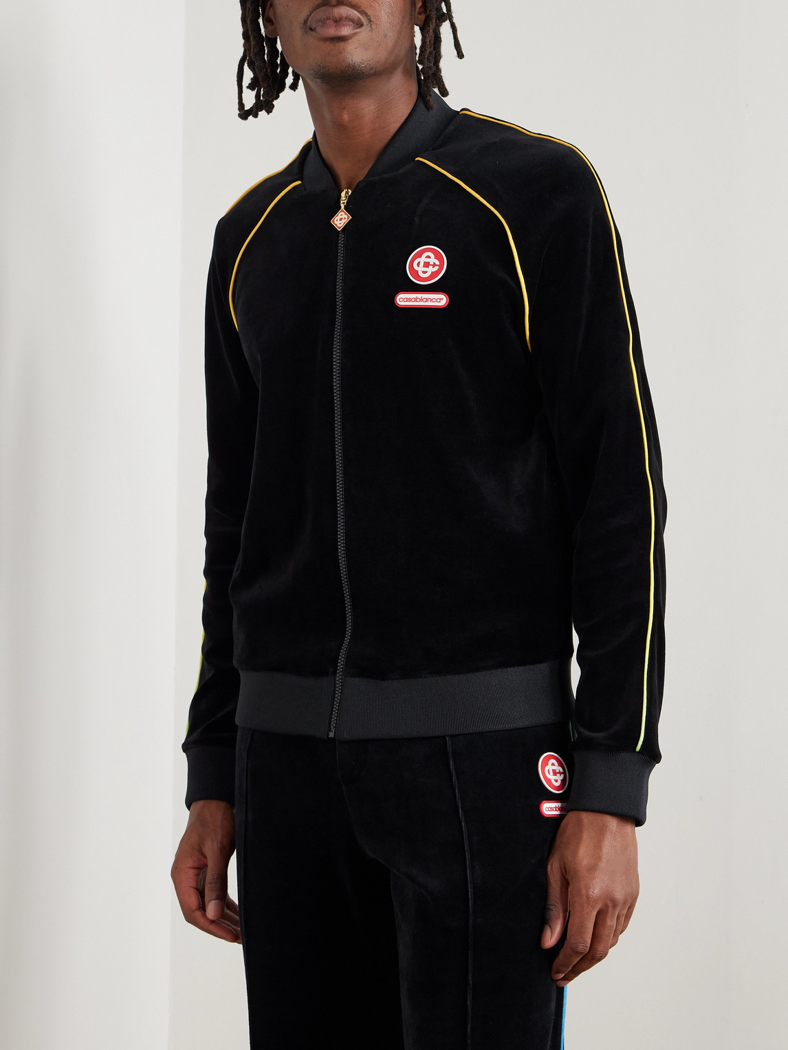 Casablanca Black Velvet Bomber Jacket With Yellow Profiles In Black