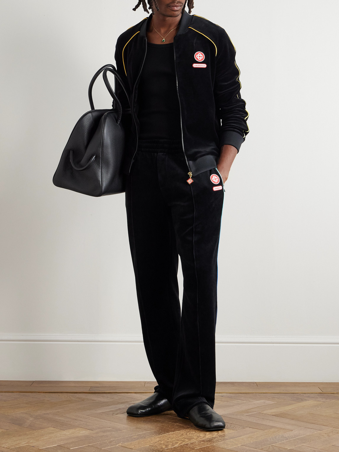 Casablanca Black Velvet Bomber Jacket With Yellow Profiles In Black