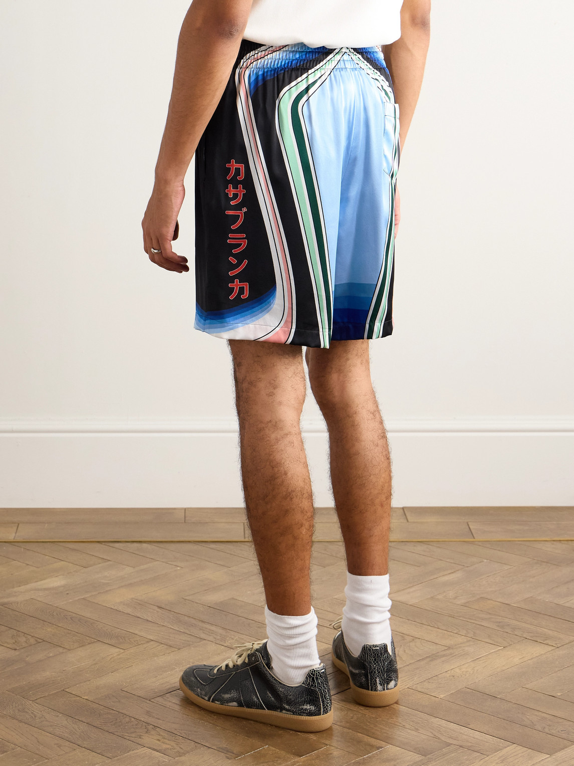 Casablanca Graphic Mountain Straight-leg Logo-print Silk-twill Drawstring Shorts In Black