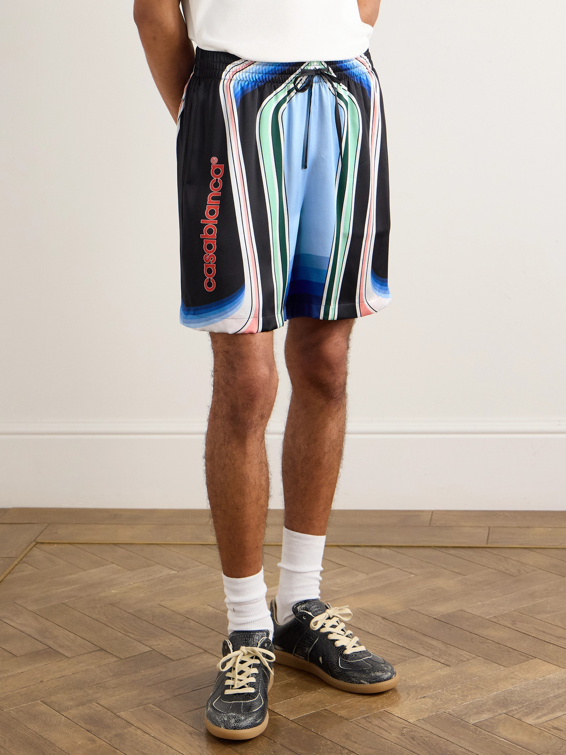 Casablanca Graphic Mountain Straight-leg Logo-print Silk-twill Drawstring Shorts In Black