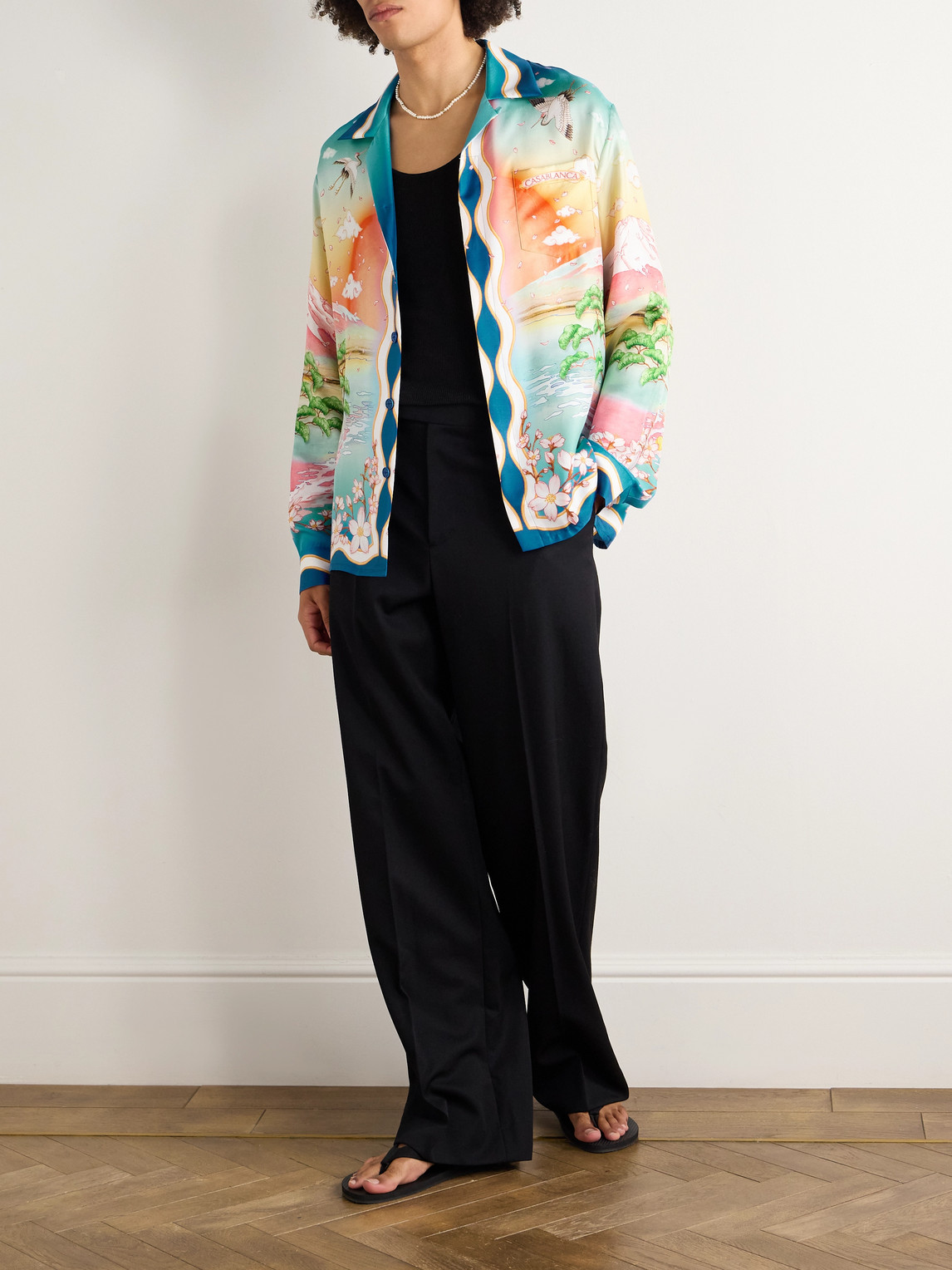 Casablanca Tennis Club Convertible-collar Printed Silk-twill Shirt In Blue